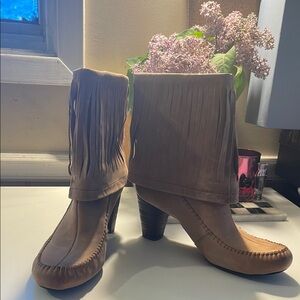 Elegant Born Tan Heeled Boots with Fringe